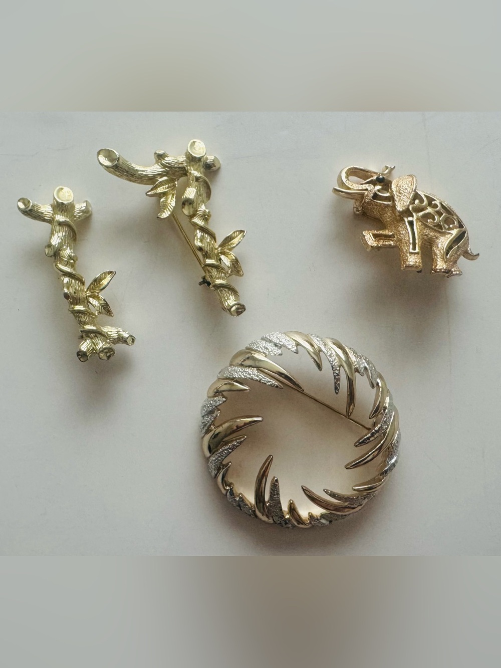 Sarah Coventry 4 Brooches Fire and Ice Elephant Bamboo Letters I and L Signed